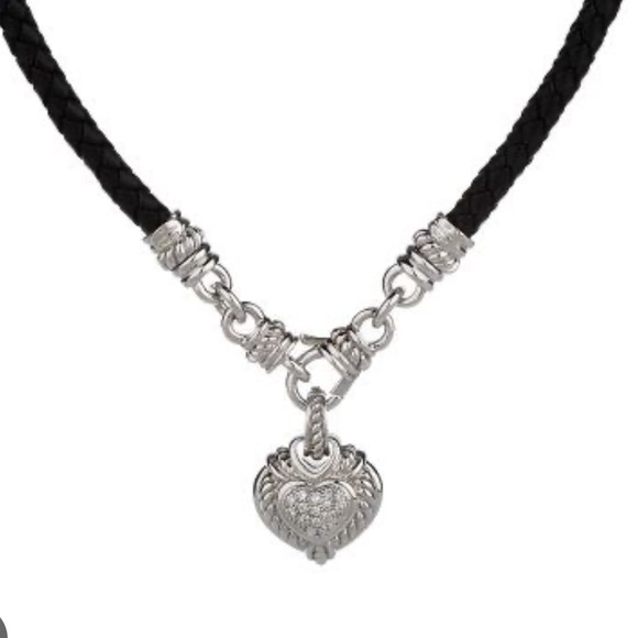 EUC Judith Ripka Sterling Silver Diamonique Heart Black Leather